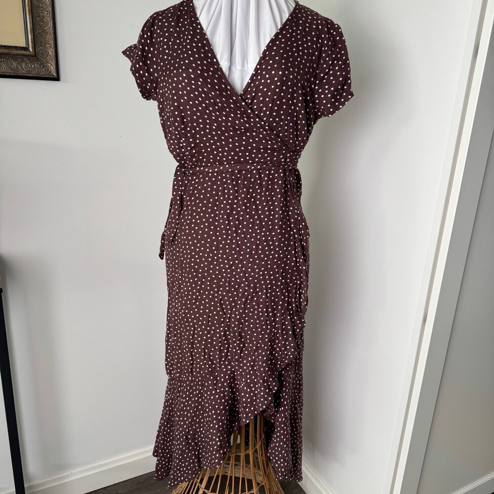 Abercrombie & Fitch Brown Polka Dot Ruffle Asymmetrical Wrap Midi Dress Size M